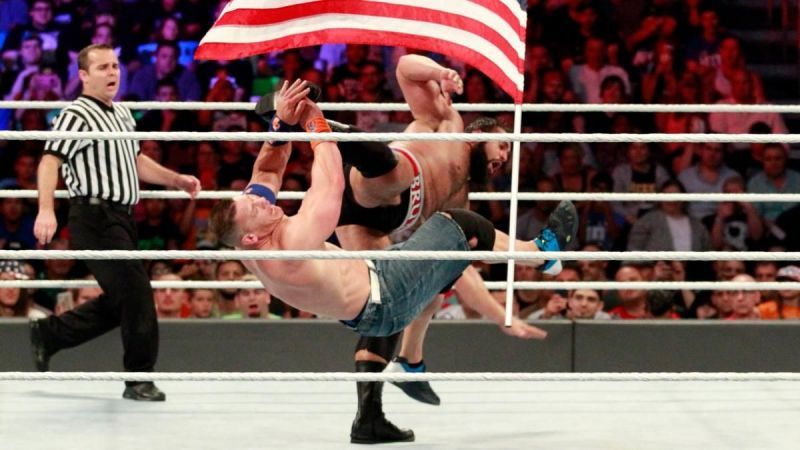 Rusev and John Cena during their Flag Match 