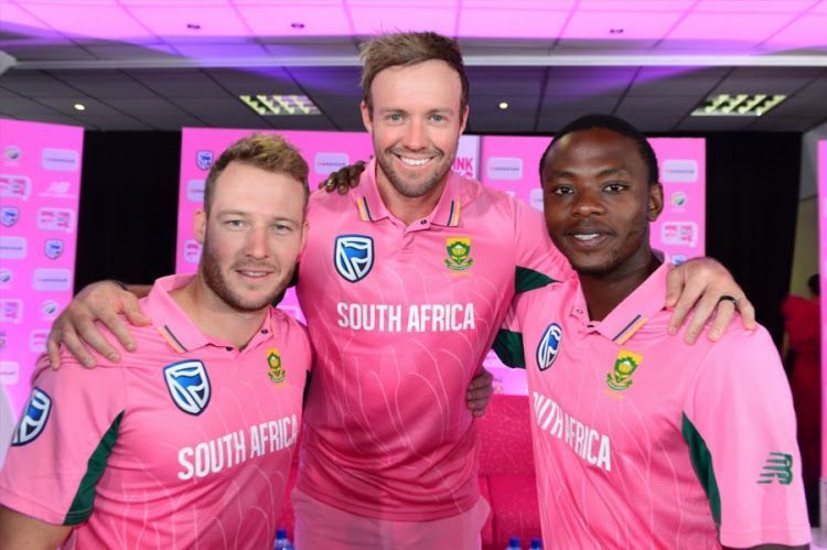 Enter captionDavid Miller, AB de Villiers and Kagiso Rabada during the Momentum ODI Pink Day Launch at Bidvest Wanderers on January 18, 2018 in Johannesburg, South Africa. Image: Lee Warren/Gallo Images