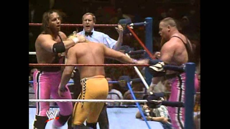 Pictured Above: A rare ocassion where the Rockers fought the Hart Foundation. Three of the major Montreal Screwjob players are featured, including Earl Hebner