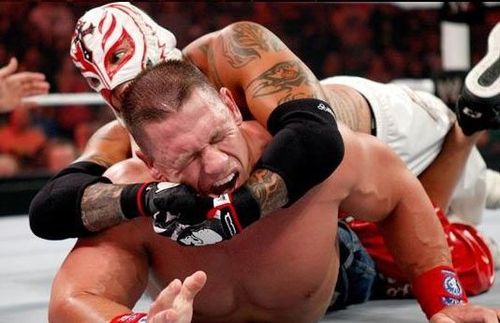 Rey Mysterio hits John Cena with the latter's own signature move