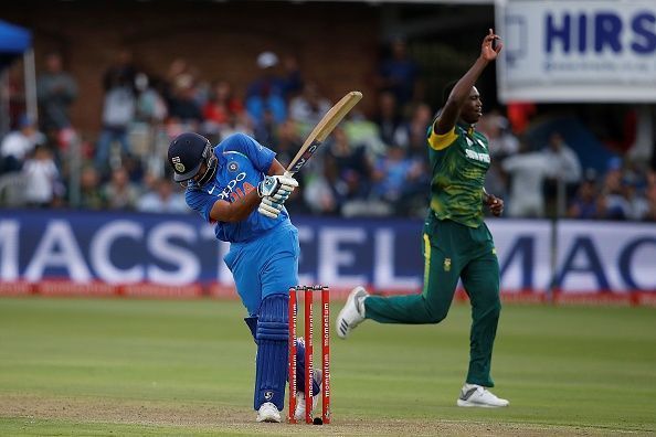 Lungi Ngidi celebrates after dismissing Rohit Sharma for 115