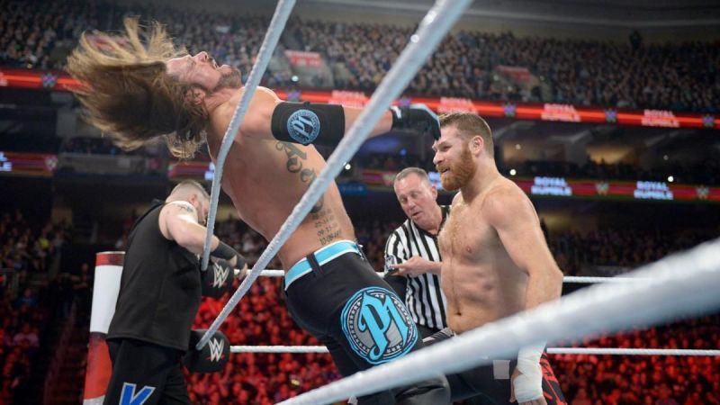 Kevin Owens and Sami Zayn faced AJ Styles in a handicap match for the WWE Championship