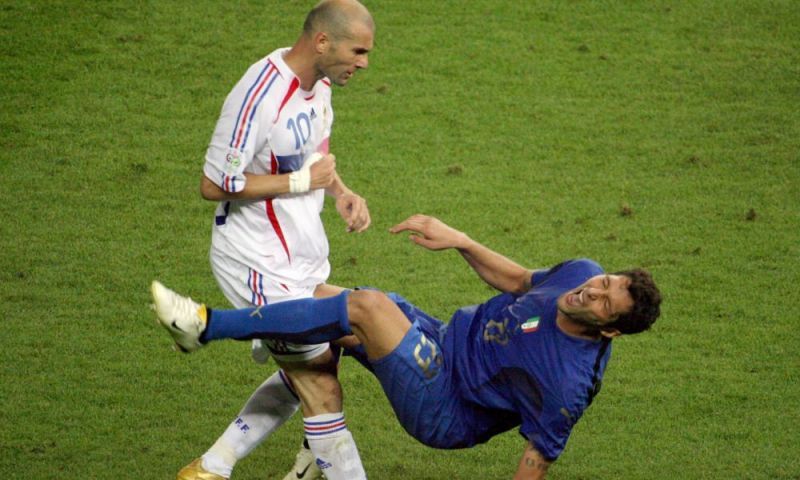 Materazzi collapses to the ground after Zidane&#039;s headbutt