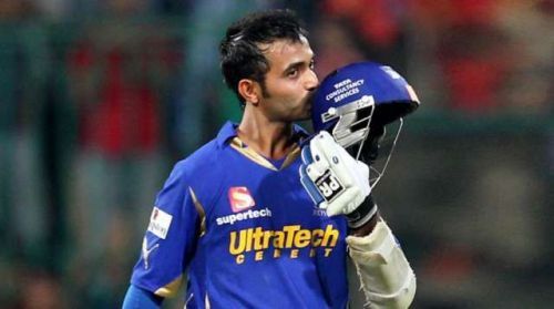 Ajinkya Rahane celebrates a century in the IPL