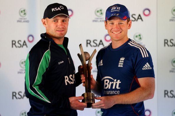 William Porterfield and Eoin Morgan hold the trophy ahead of their one-off ODI in 2013