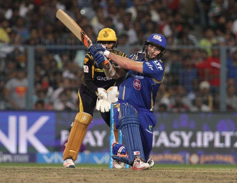 Mitchell McClenaghan depositing the ball into the crowd for the Mumbai Indians