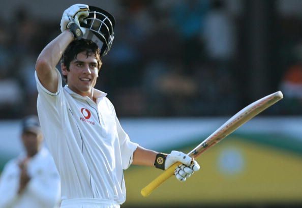 Alastair Cook celebrating his maiden century at Nagpur