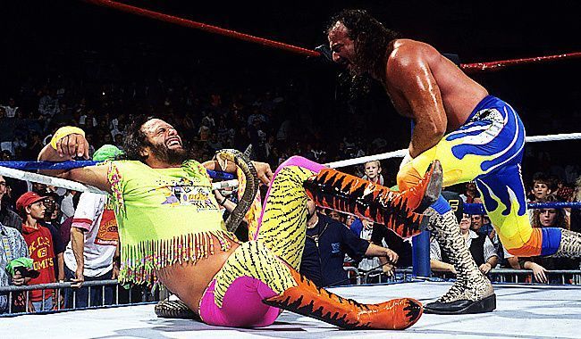 Jake Roberts attacks Macho Man with a cobra in a controversial stunt.