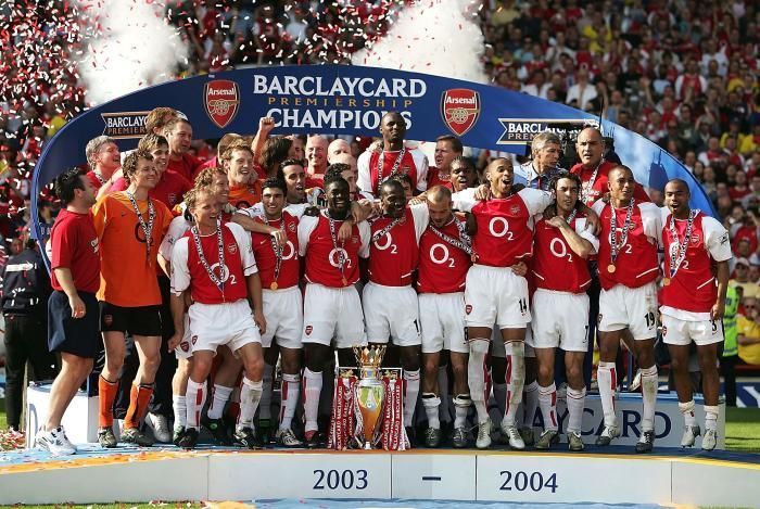 Arsenal lift the 2003-04 Premier League trophy