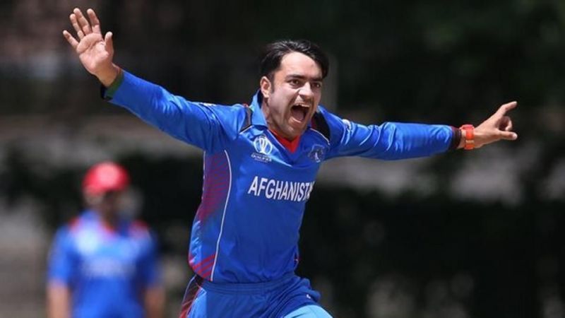 Rashid Khan in his popular way of celebrating a dismissal