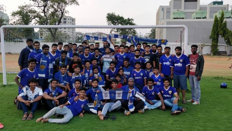 A part of the B-Stand Blues during the ISL-winning celebration in Chennai