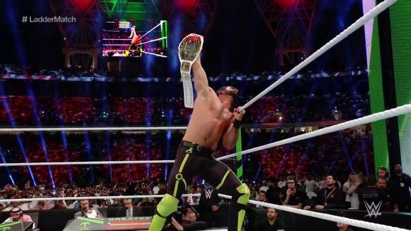 Seth Rollins celebrates a successful win in Saudi Arabia 