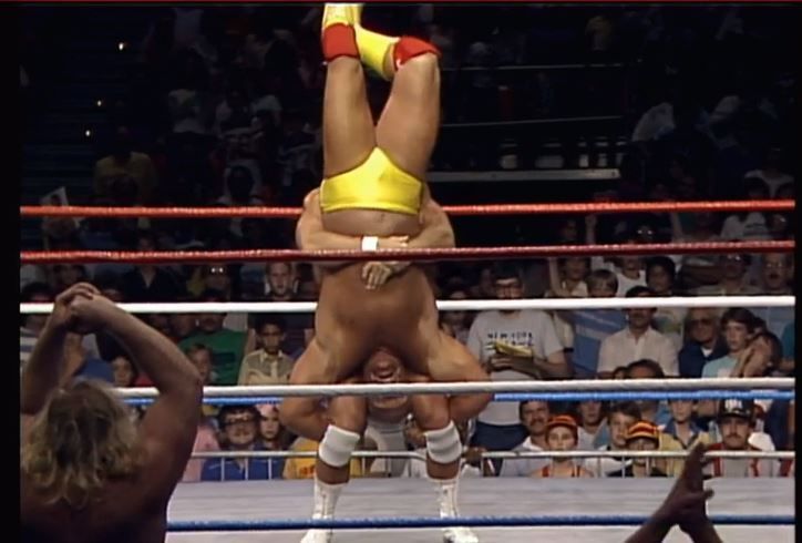 Hulk Hogan in the clutches of Paul Orndorff's piledriver.