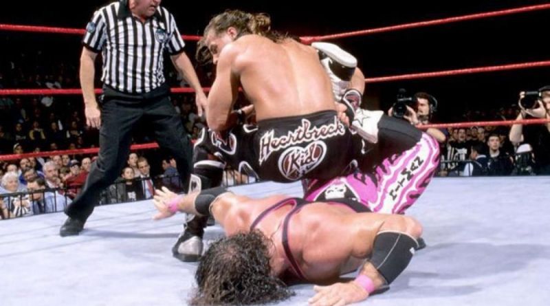 HBK and an oblivious Bret Hart play out the Montreal Screwjob