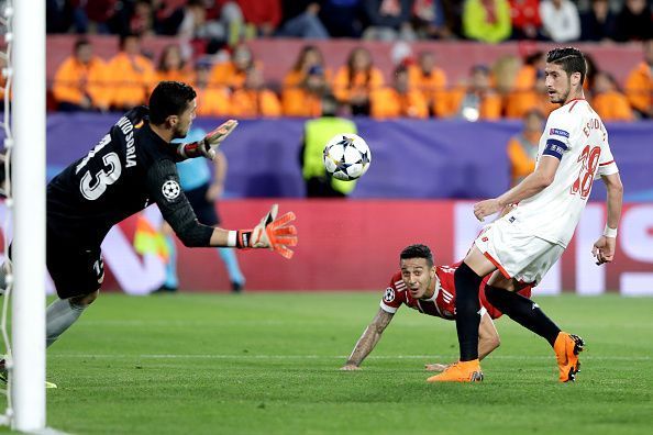 Thiago (middle) headed in the winner for Bayern