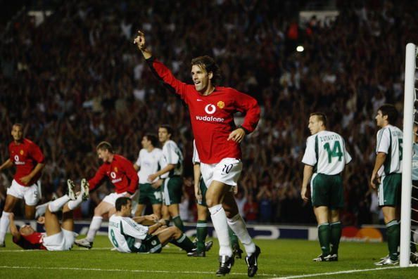 Ruud Van Nistelrooy of Manchester United celebrates after Mikael Silvestre of Manchester United scores