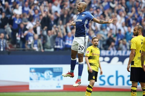 Naldo celebrates scoring the second goal against Dortmund