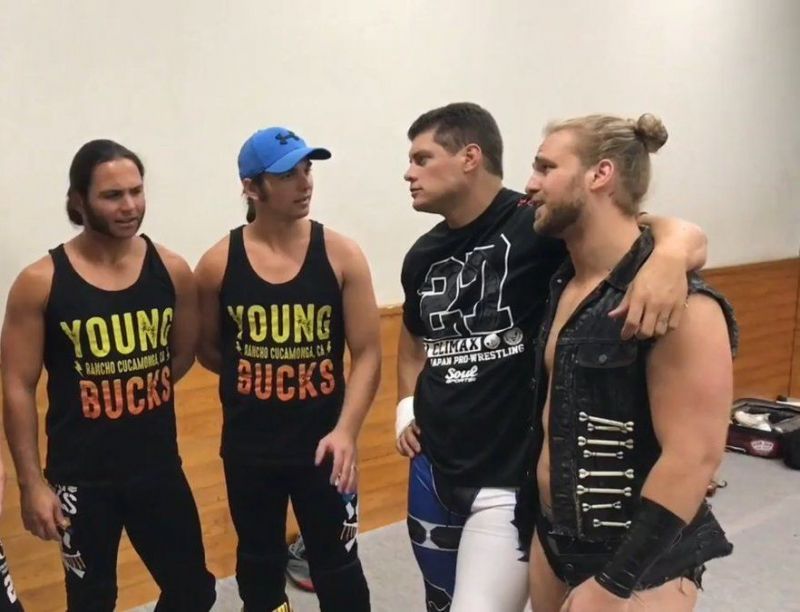 From left to right: The Young Bucks, Cody Rhodes, and Hangman Page