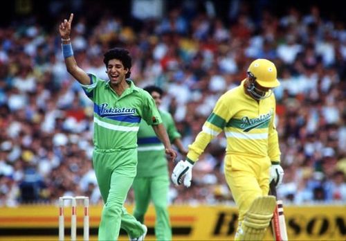 Sport. Cricket. World One-Day Series. Melbourne. January 1990. Australia v Pakistan. Pakistan's Wasim Akram celebrates after taking the wicket of Australia's Geoff Marsh.