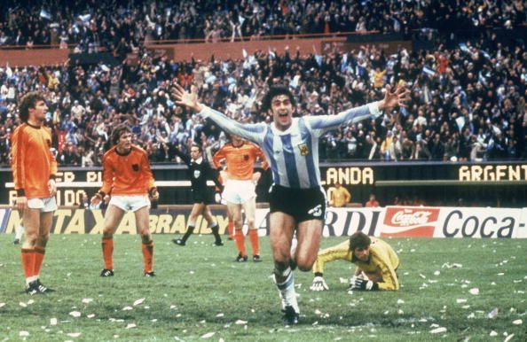 Mario Kempes of Argentina celebrates scoring a goal