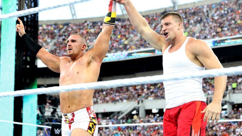 Mojo Rawley and Rob Gronkowski at WrestleMania 33