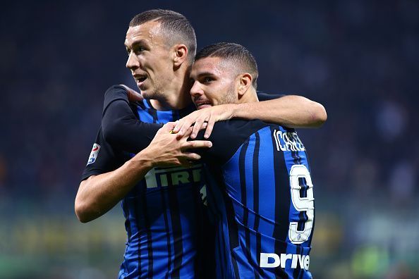 Mauro Icardi of FC Internazionale (R) celebrate with his...