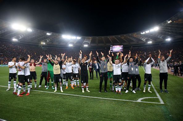 Liverpool celebrate after qualifying for the UEFA Champions League final