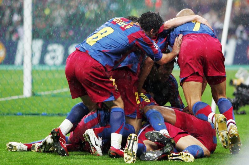 Juliano BellBarce;lona celebrates their second goal during the UEFA Champions League Final between Arsenal and Barcelona at the Stade de France on May 17, 2006 in Paris, France.