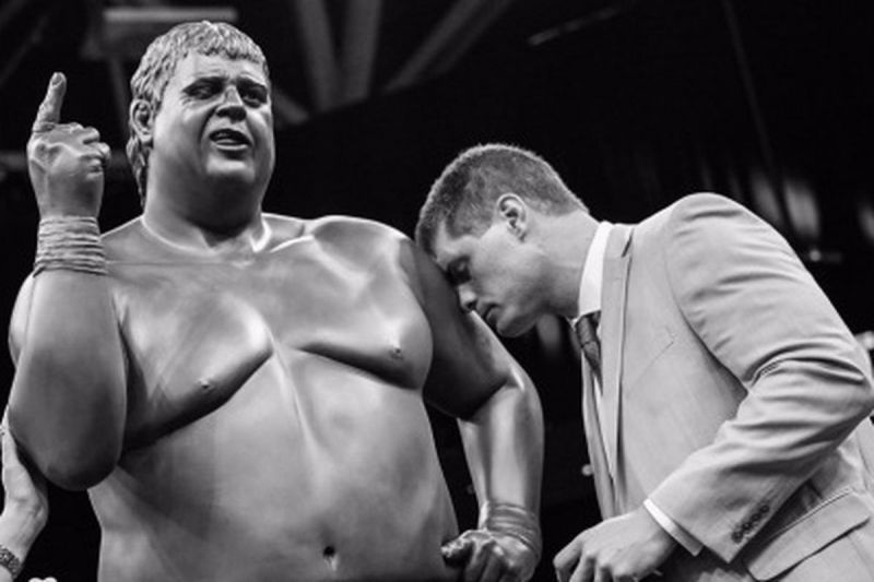 Cody with the statue of his father, the late, great American Dream