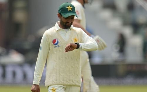 Asad Shafiq using his smartwatch during the first Test