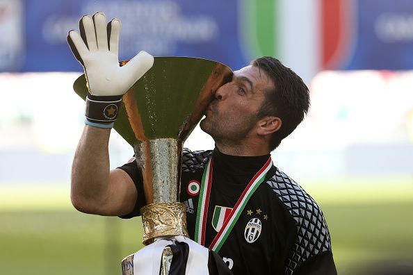 Gianluigi Buffon  of Juventus FC celebrate the victory of...