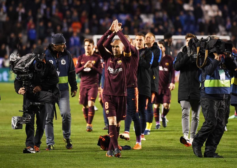 Iniesta given a warm applause after the La Liga match between Deportivo La Coruna and Barcelona at Estadio Riazor on April 29, 2018, when Barca assured this season&#039;s La Liga triumph.a Coruna, Spain. Barcelona clinch the La Liga championship with a 4-2 victory