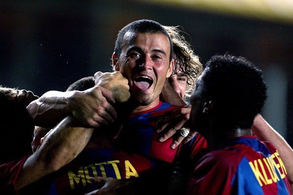 Luis Enrique celebrates scoring for Barcelona