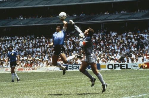 BT Sport. Football. 1986 Football World Cup, Mexico. Quarter Final, Argentina 2 v England 1. 22nd June, 1986. Argentina's Diego Maradona scores 1st goal with his Hand of God, past England goalkeeper Peter Shilton.