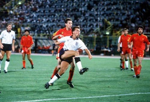 1990 World Cup Finals. Second Phase. Bologna, Italy. 26th June, 1990. England 1 v Belgium 0 (after extra time). England's David Platt volleys home his dramatic winning goal in the last minute of extra time.