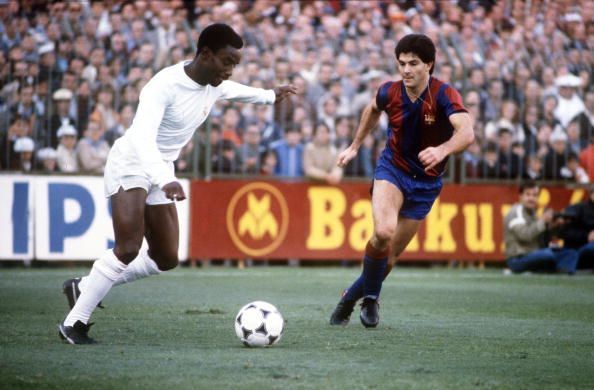 BT Sport, Football, pic: circa 1980, Spanish League, Real Madrid 3, v Barcelona 2, Laurie Cunningham, Real Madrid poised to cross the ball, Laurie Cunningham (1956-1989) played in Spain for Real Madrid, 1979 - 1983, sadly killed in a car crash in 1989