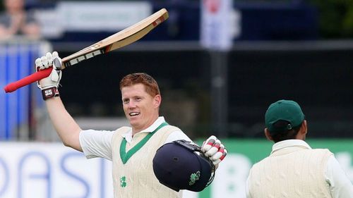 Ireland's Kevin O'Brien celebrates his century against Pakistan