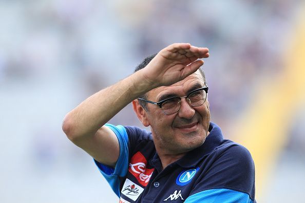 Napoli&#039;s Italian coach Maurizio Sarri greets supporers...