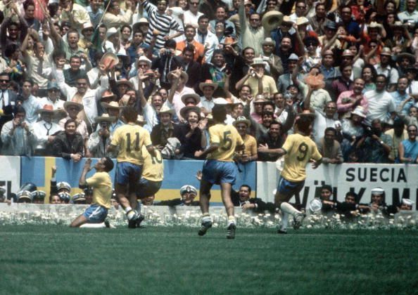 1970 World Cup Final, Mexico City, Mexico 21st June, 1970. Brazil 4 v Italy 1. Brazil&#039;s Jairzinho celebrates scoring his country&#039;s third goal with teammates L-R: Rivelino, Pele, Clodoaldo and Tostao.