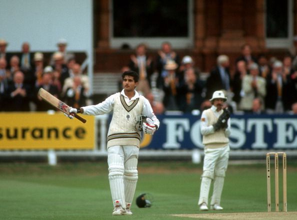 Ganguly celebrating his ton on debut