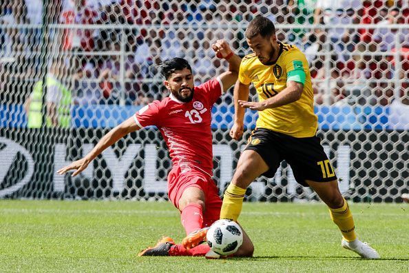 Ferjani Sassiof Tunisia and Eden Hazard of Belgium during...