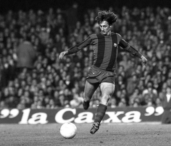 Sport. Football. Spain. 15th March 1978. UEFA Cup, Quarter Final, Second Leg. Barcelona 2 v Aston Villa 1 (Barcelona win 4-3 on aggregate). Barcelona's Johan Cruyff in action during the match at the Nou Camp Stadium.