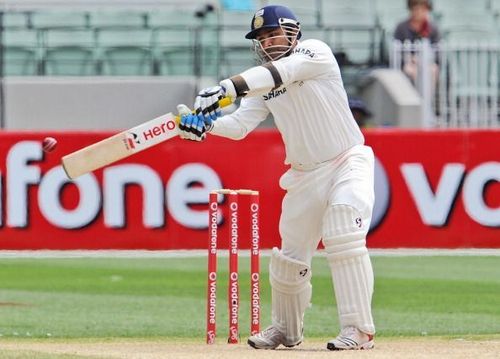 Indian batsman Virender Sehwag slashes a