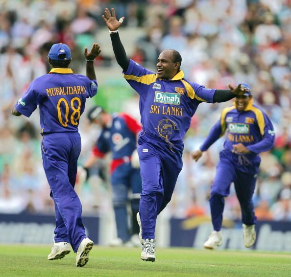 Sri Lankan bowler Sanath Jayasuria (C) c