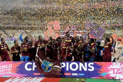 West indies team  celebrates for winning  during ICC World...