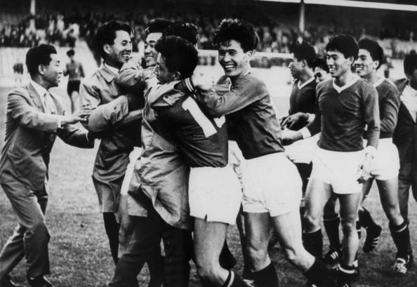 Sport. Football. 1966 World Cup Finals. pic: 19th July 1966. North Korea 1 v Italy 0 at Ayresome Park, Middlesbrough. The unknown teamfrom the Far East defeated the star-studded Italian team with Pak Doo Ik scoring the winning goal with a shot from 20 yar