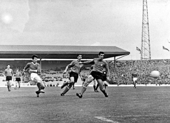 World Cup Finals, 1966. Middlesborough, England. 19th July, 1966. North Korea 1 v Italy 0. North Korea&#039;s Pak Do Ik scores the games only goal to create one of the biggest World Cup shocks of all time in their Group Four match.