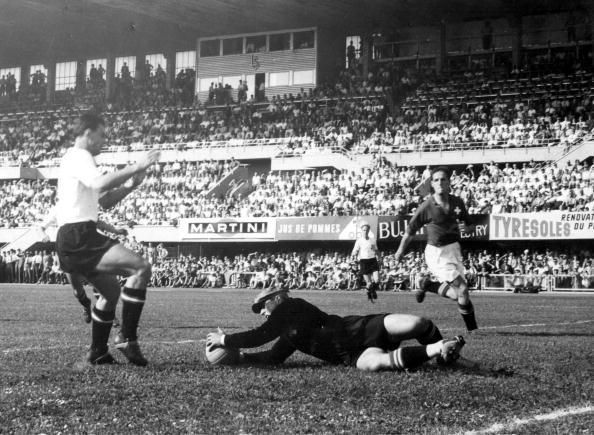 World Cup Quarter-Finals, 1954 Lausanne, Switzerland. 26th June, 1954. Austria 7 v Switzerland 5. Swiss goalkeeper parlier dives at the feet of Austrian striker Wagner to stop him scoring during their match.