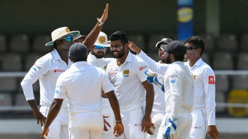 Sri Lanka celebrate a wicket against West Indies