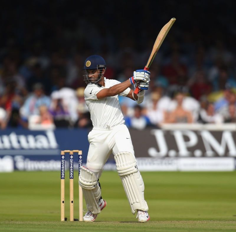 Rahane cuts, on his way to a century at Lord&#039;s 
